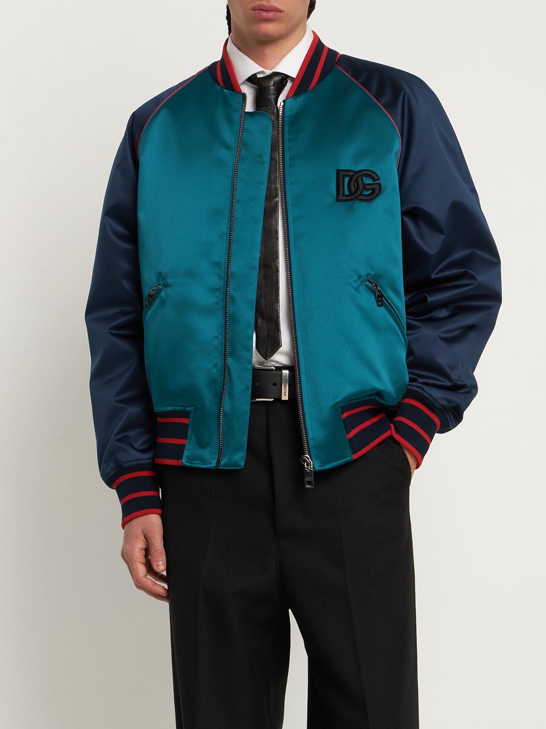 Shop Dolce & Gabbana Satin Sports Bomber Jacket In Blue