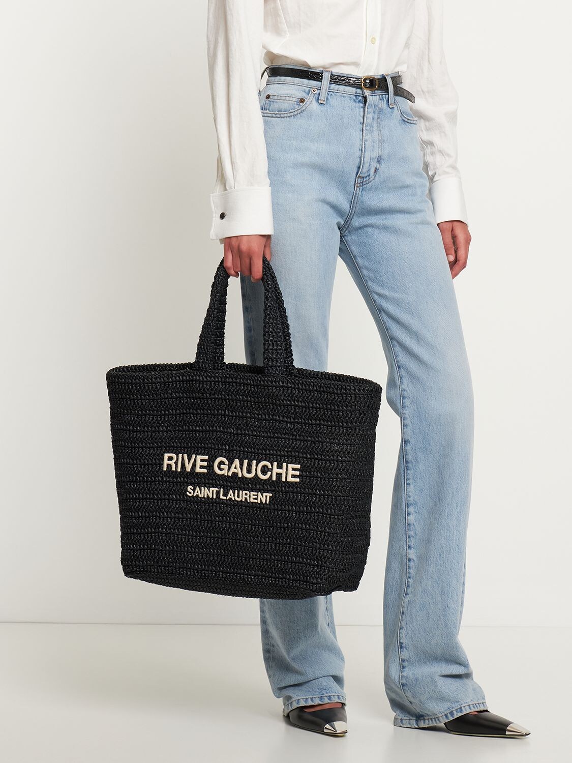 Saint Laurent Rive Gauche Leather And Faux-raffia Tote Bag in Black