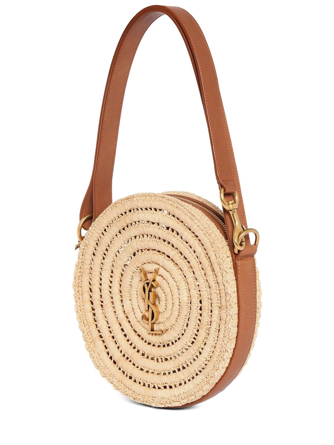 Shop Saint Laurent Round Raffia Shoulder Bag In Naturel