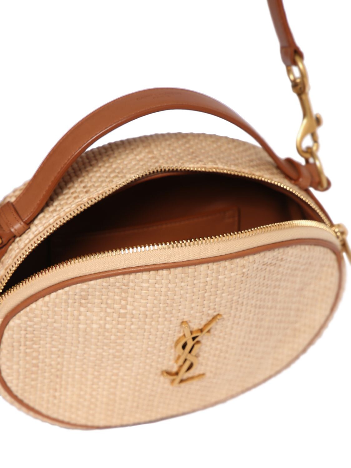 Shop Saint Laurent Cassandre Raffia Camera Bag In Golden Ecru