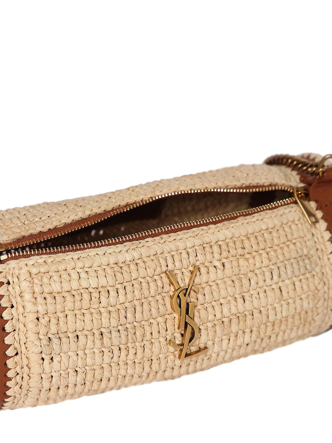 Shop Saint Laurent Raffia Shoulder Bag In Naturel