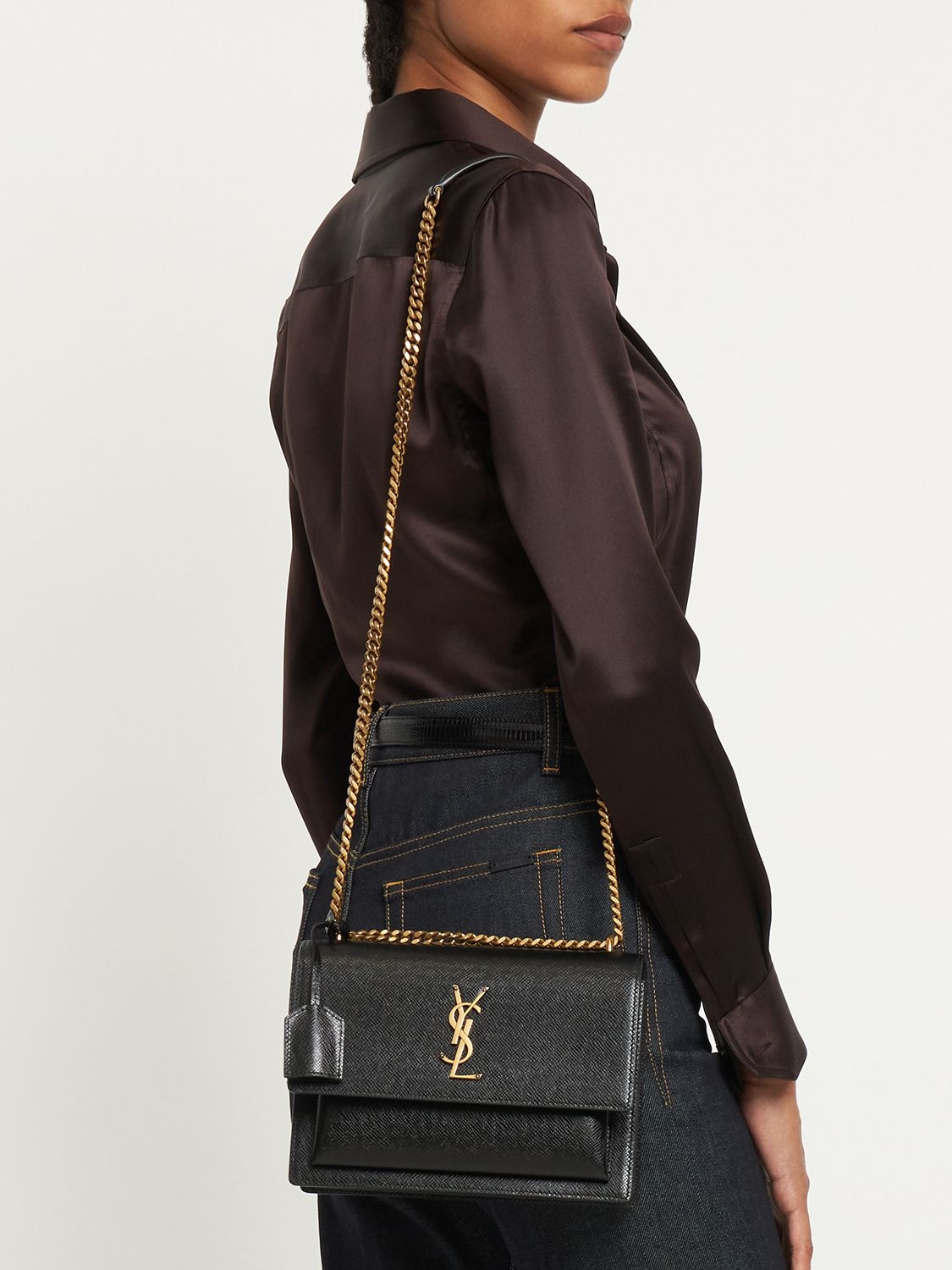 Shop Saint Laurent Medium Sunset Leather Chain Bag In Black