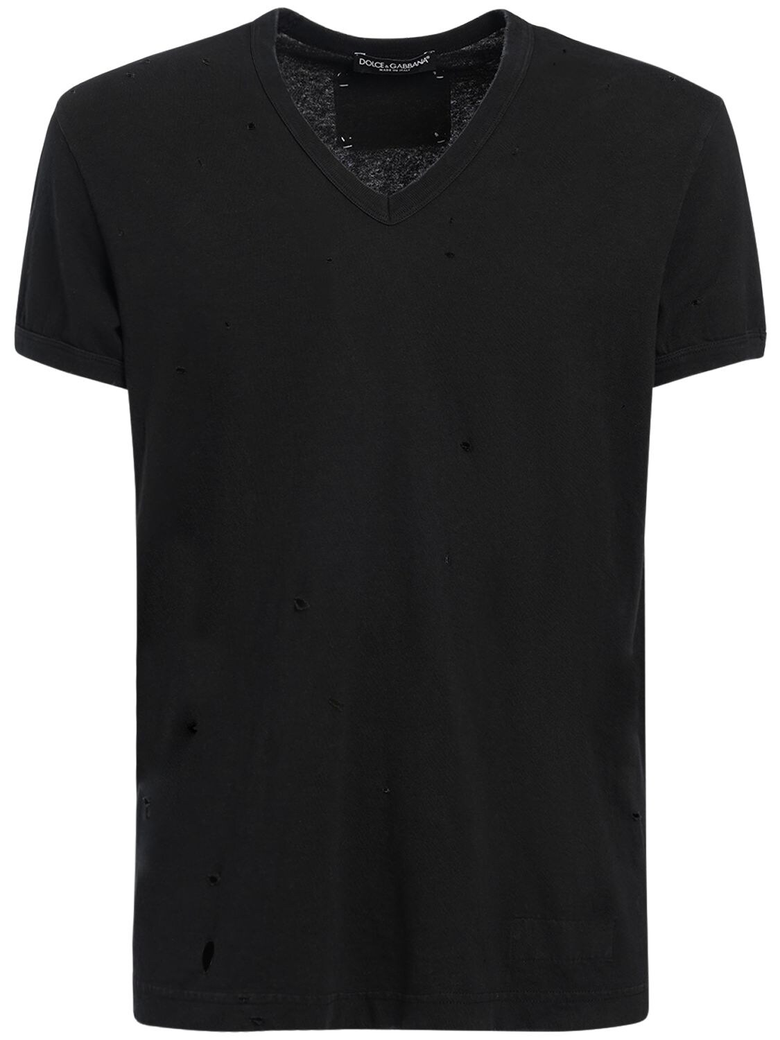 Dolce & Gabbana Destroyed Cotton V Neck T-shirt In Black