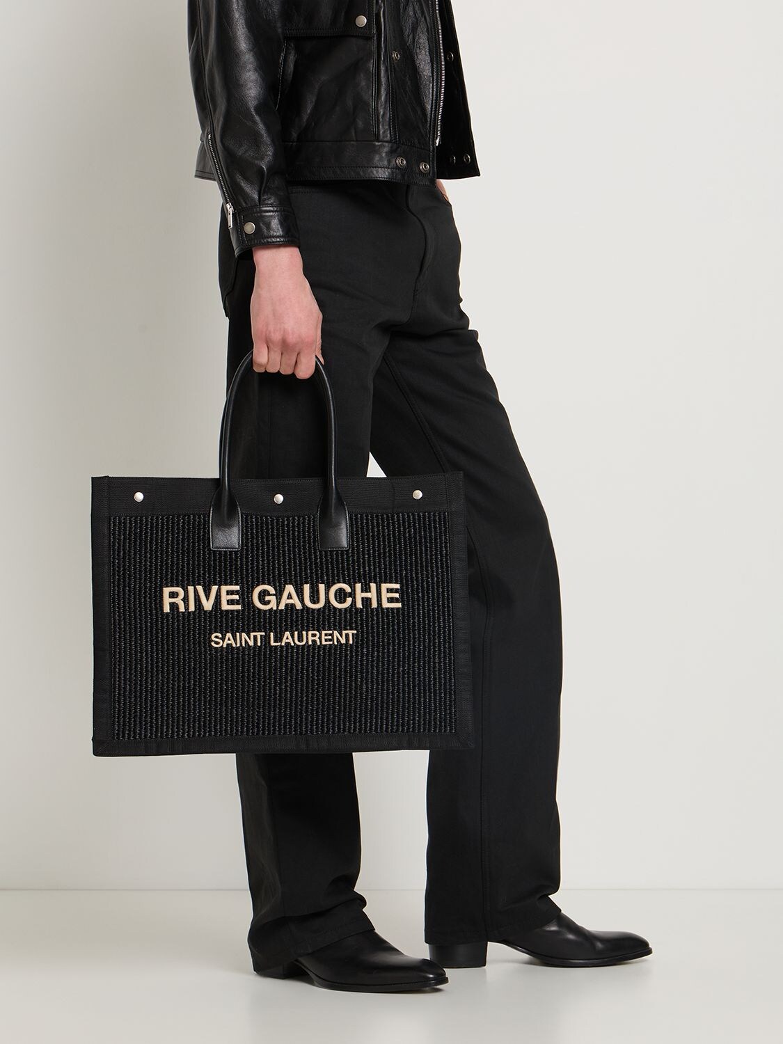 Shop Saint Laurent Rive Gauche Raffia Bag In Black