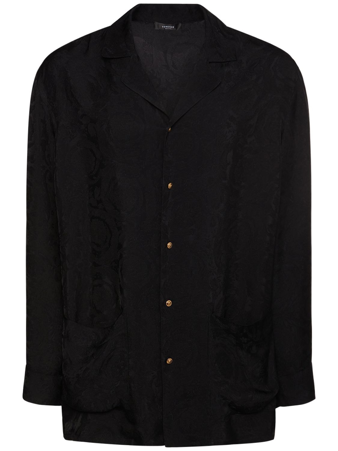 Versace Baroque Print Viscose Loungewear Shirt In Black,gold