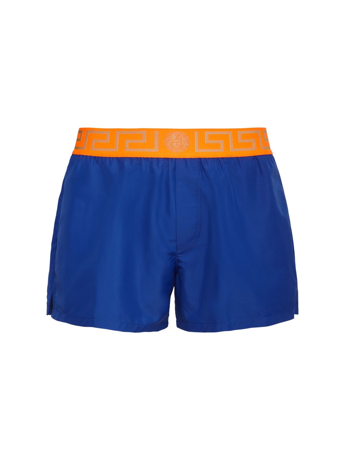 Versace Monogram Waistband Tech Swim Shorts In Blue,orange