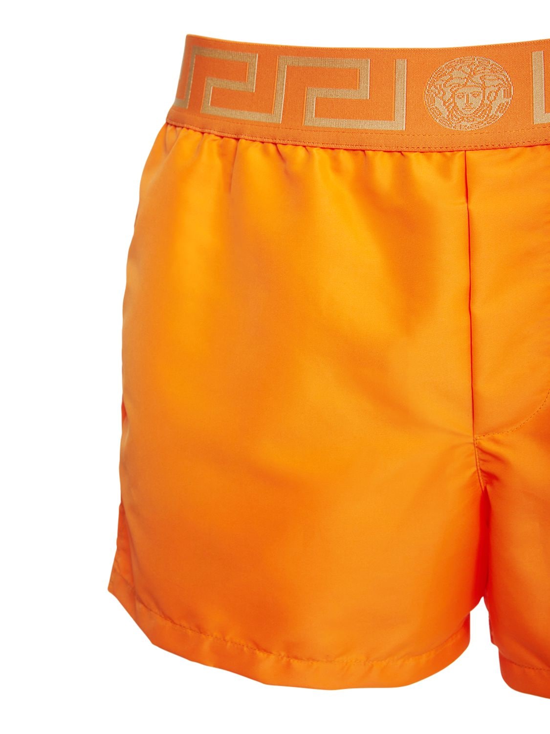 Shop Versace Monogram Waistband Tech Swim Shorts In Orange,gold