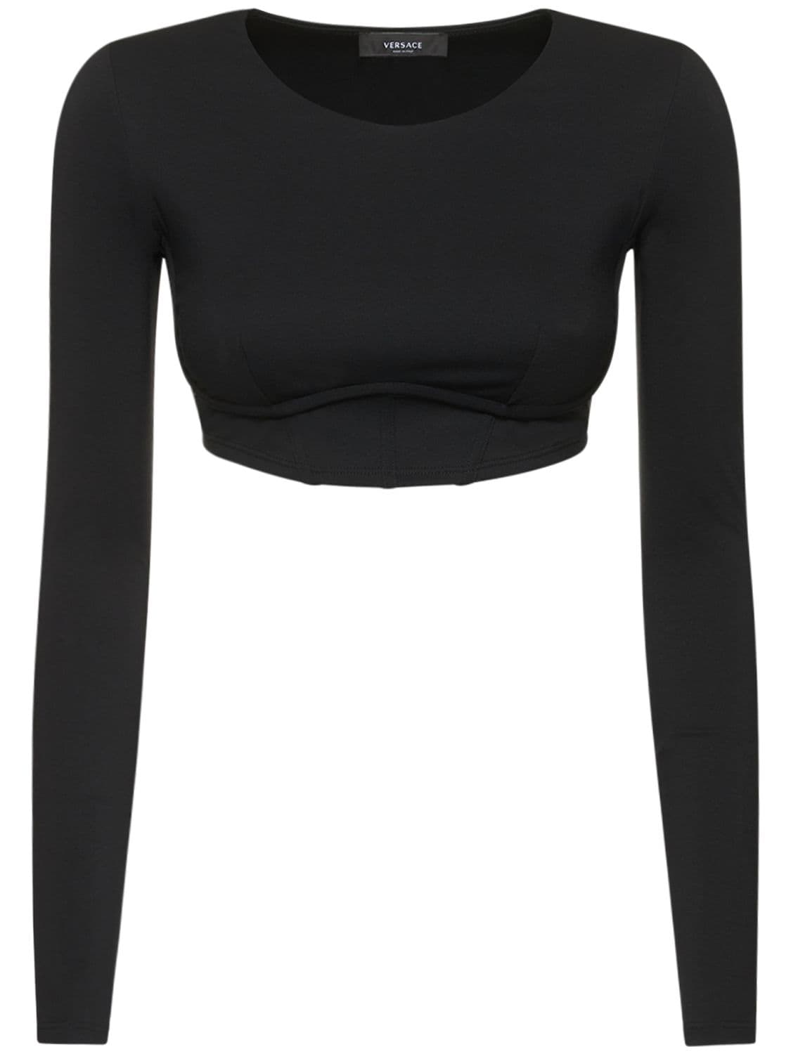Versace Long Sleeve Tech Jersey Crop Top In Black