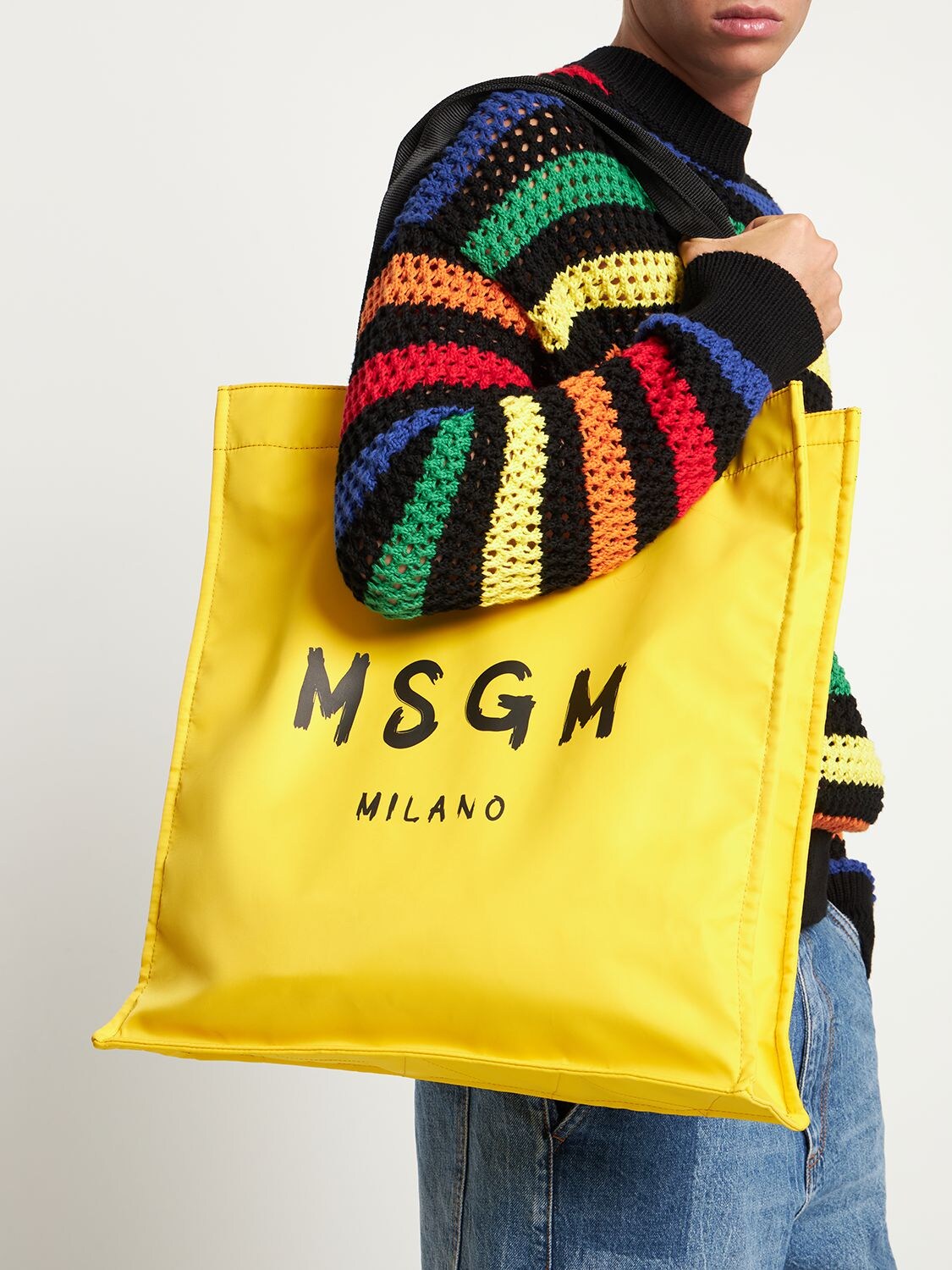 Msgm Brushed Logo Nylon Tote Bag In Yellow | ModeSens