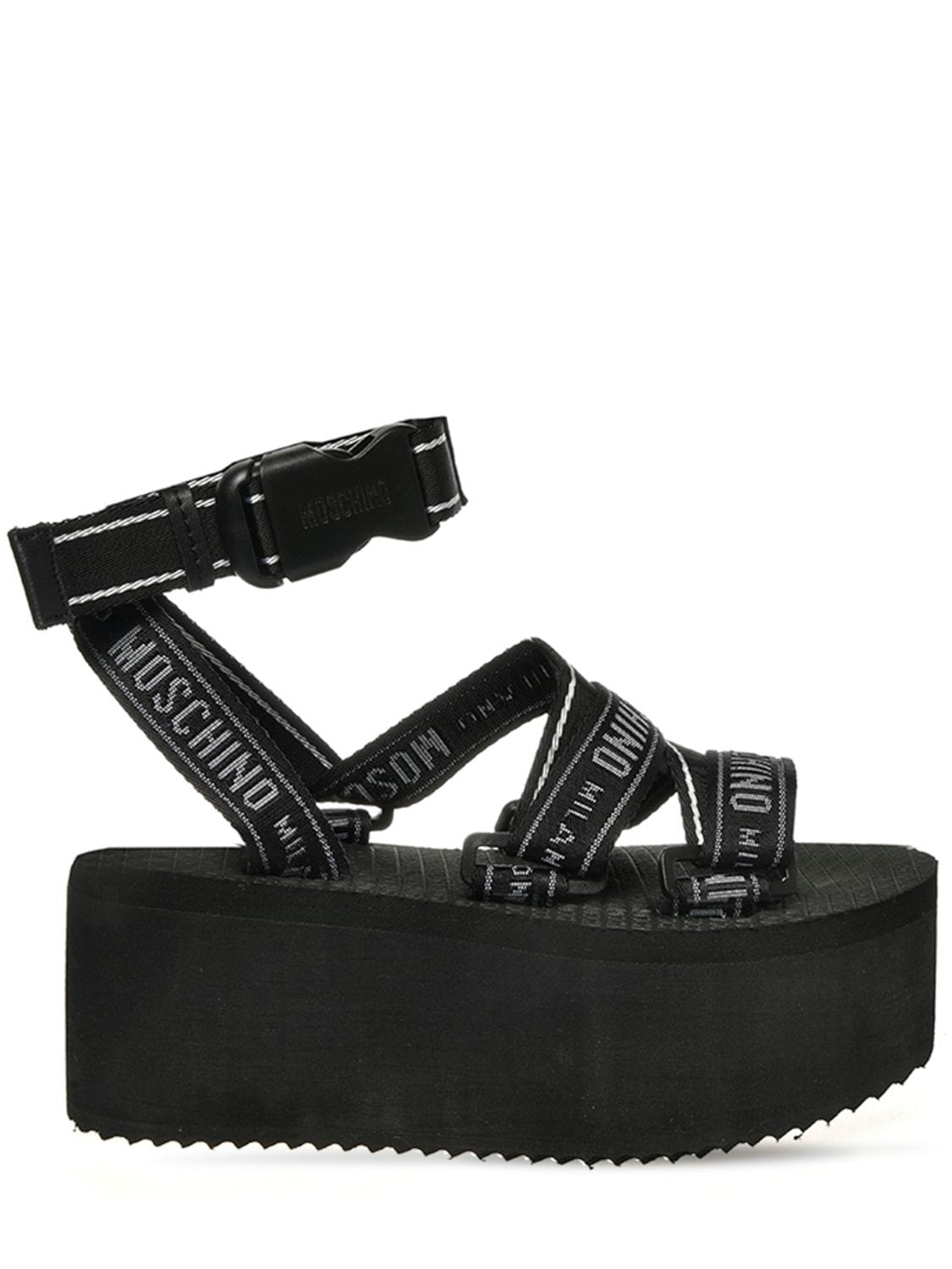 Shop Moschino 80mm Nylon Platform Wedge Sandals In Black