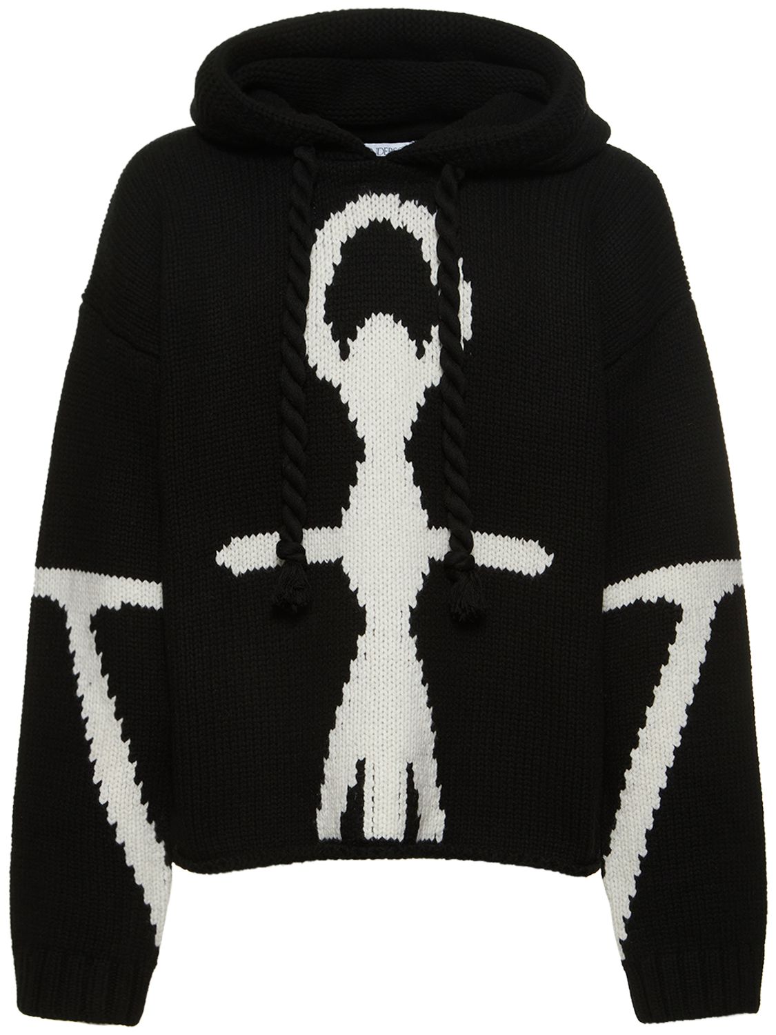 Jw Anderson Anchor Logo Hooded Merino Knit Sweater In Black,white