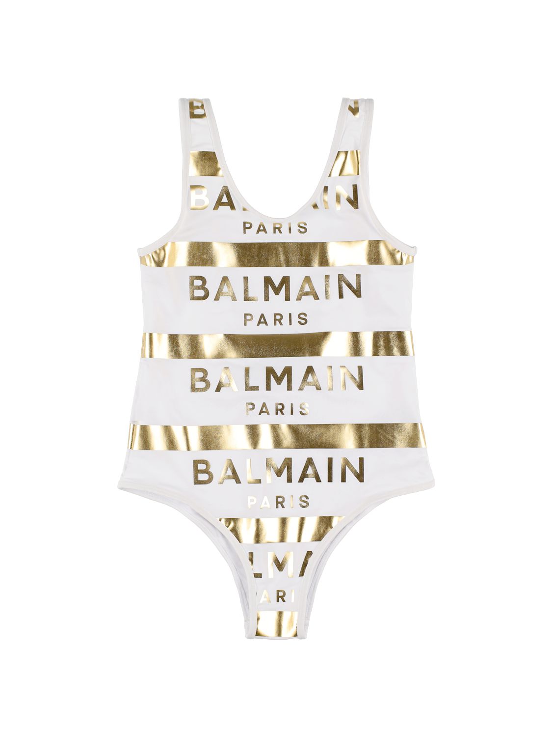 Balmain Striped Lycra One Piece Swimsuit In White,gold