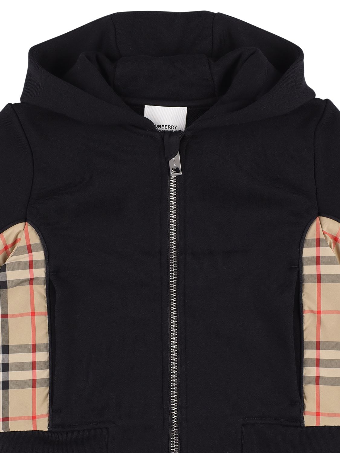Shop Burberry Cotton Hoodie W/check Inserts In Black