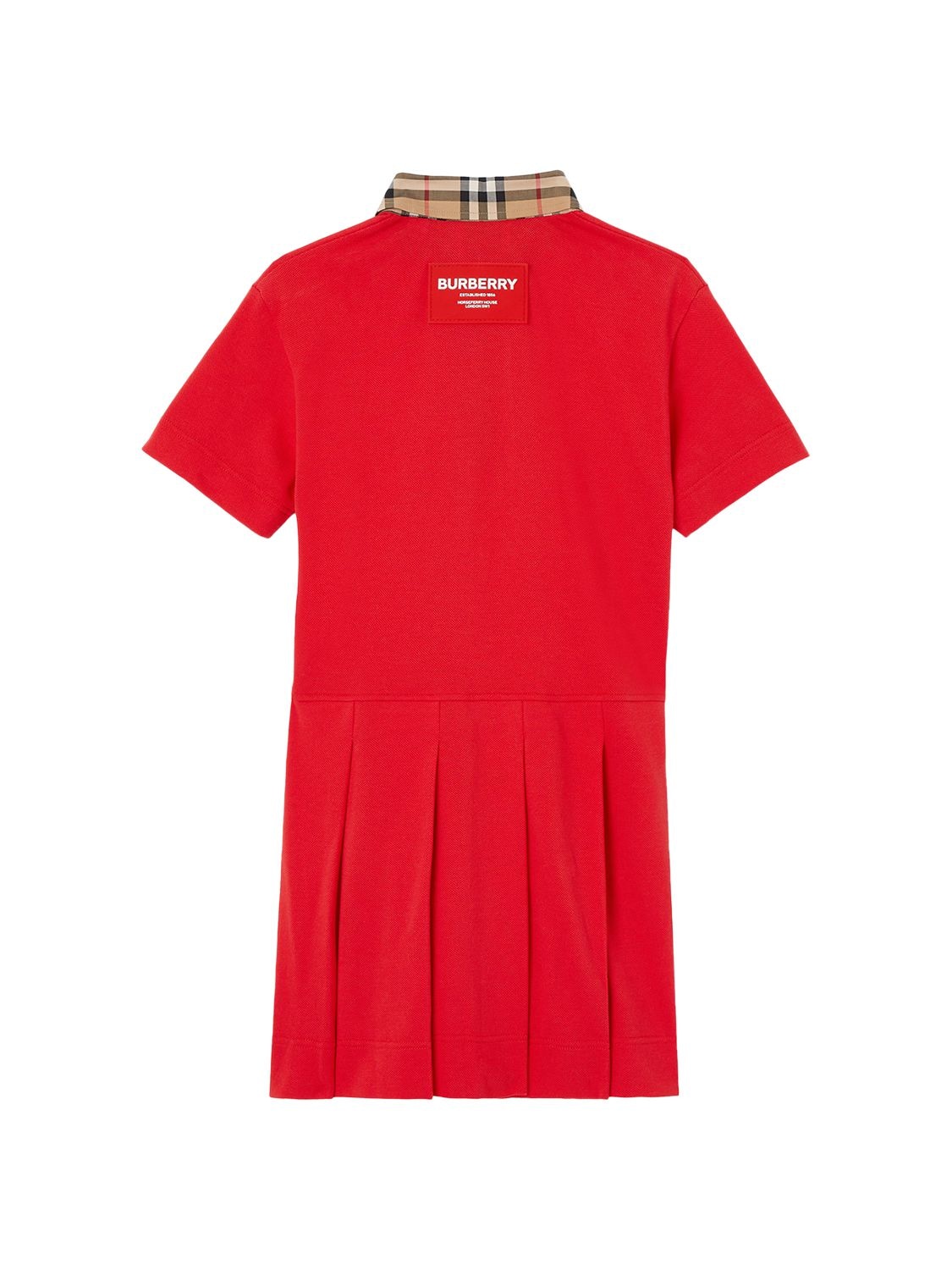Shop Burberry Cotton Piquet Dress W/ Check Inserts In Red