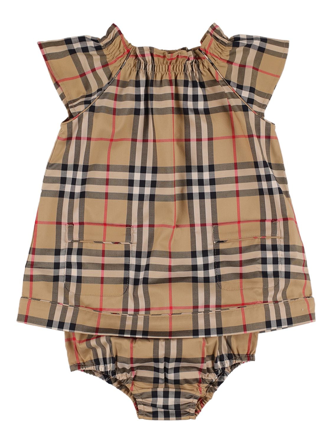 Burberry Babies' Check Print Cotton Dress W/ Diaper Cover In Beige,black