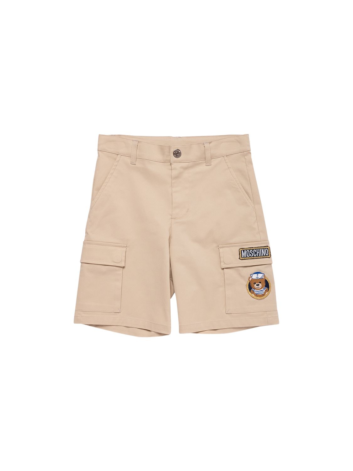 Moschino Kids' Cotton Gabardine Cargo Shorts W/patches In Beige