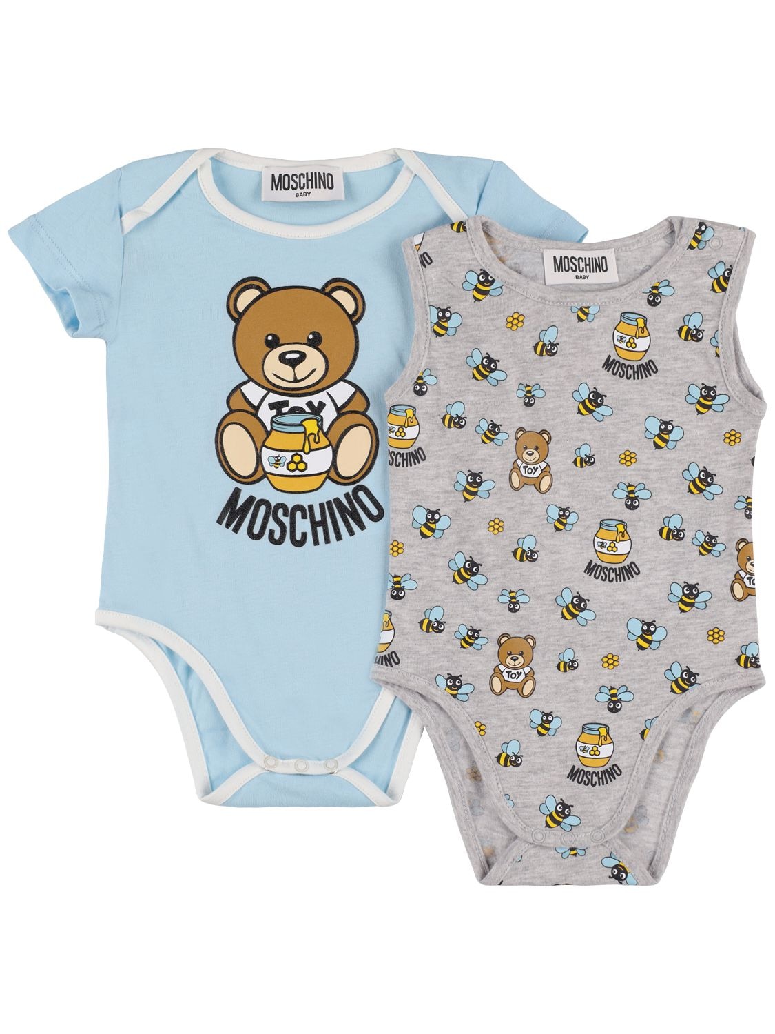Moschino Babies' Set Of 2 Printed Cotton Bodysuits In Grey,light Blue