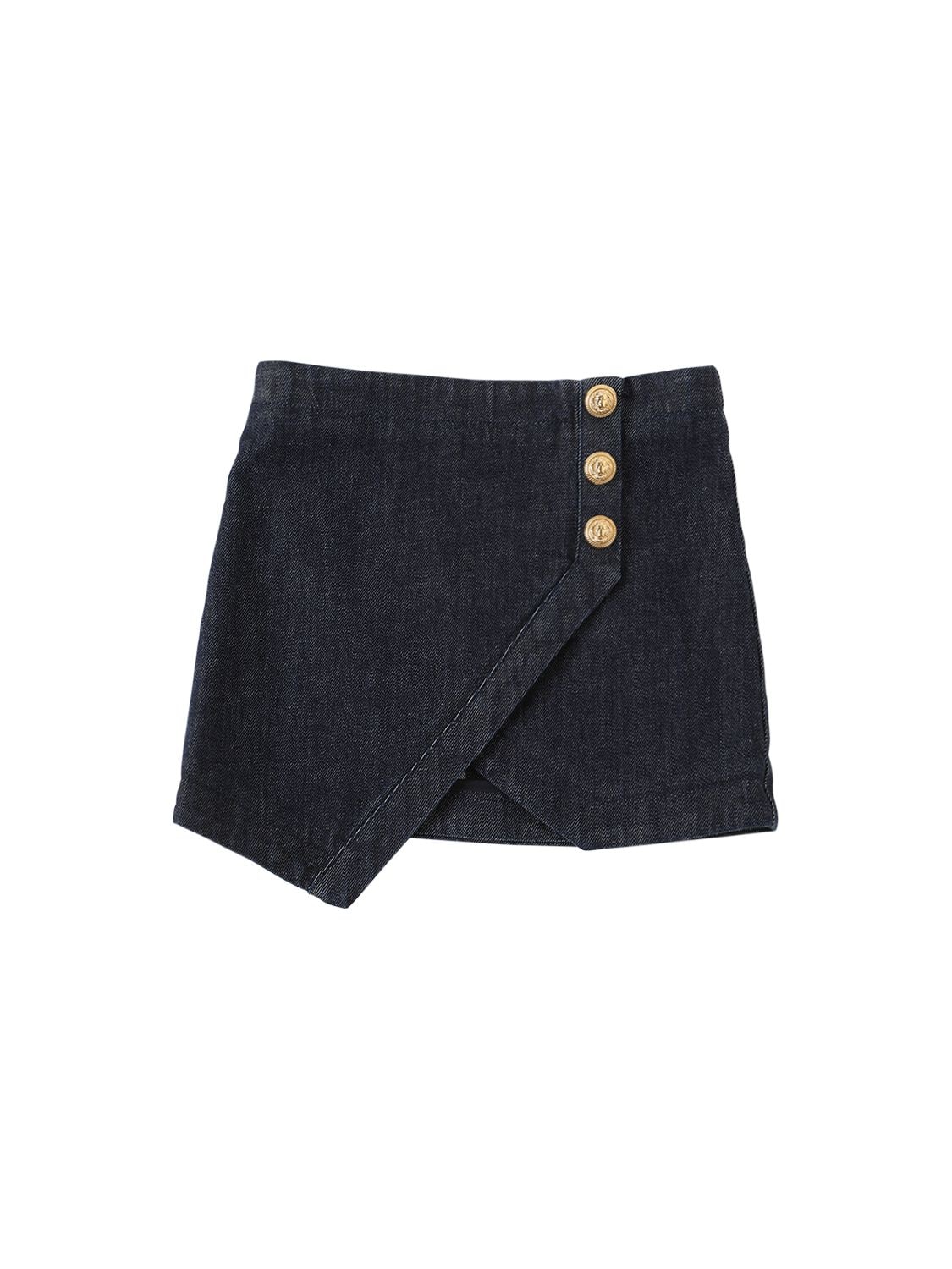 Balmain Kids' Asymmetrical Organic Cotton Denim Skirt In Black/gold