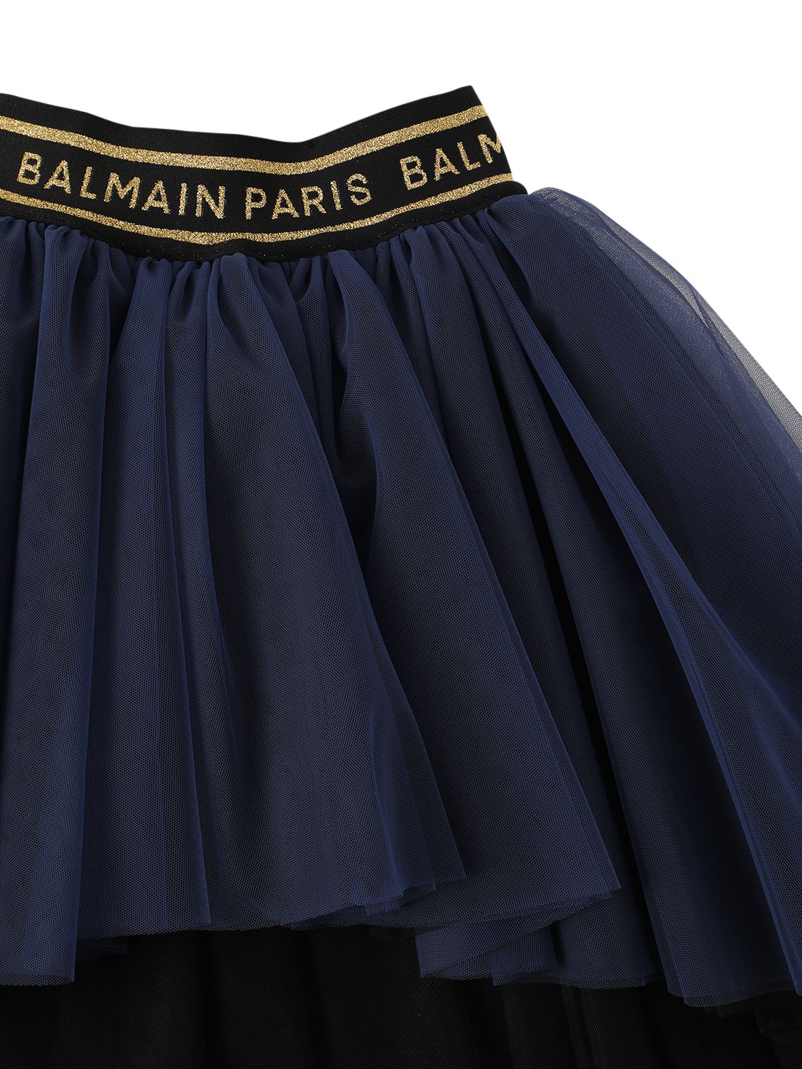 Shop Balmain Logo Tape Tulle Skirt In Blue,black