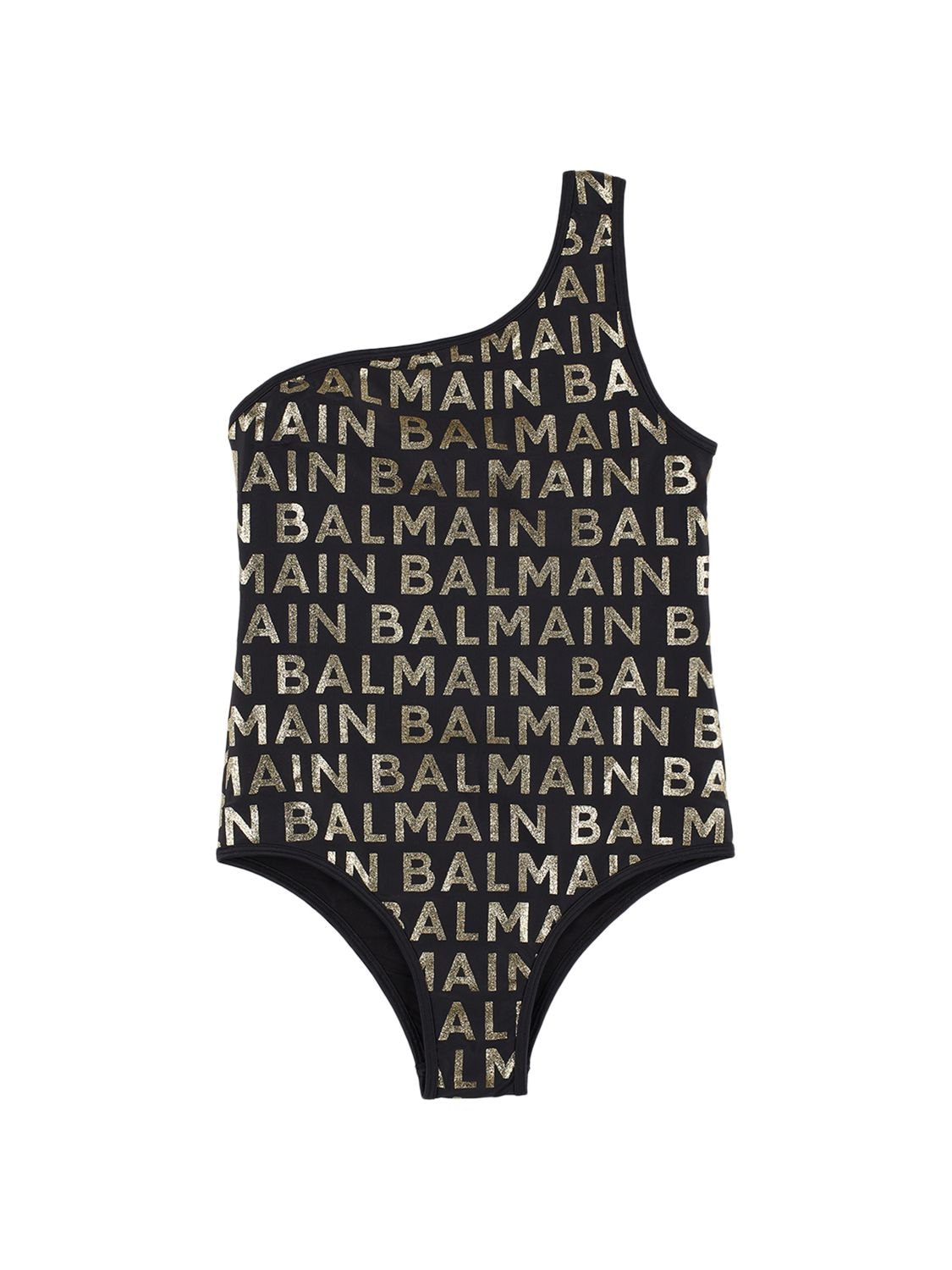 Balmain Kids' Glittered Logo Lycra One Piece Swimsuit In Black,gold