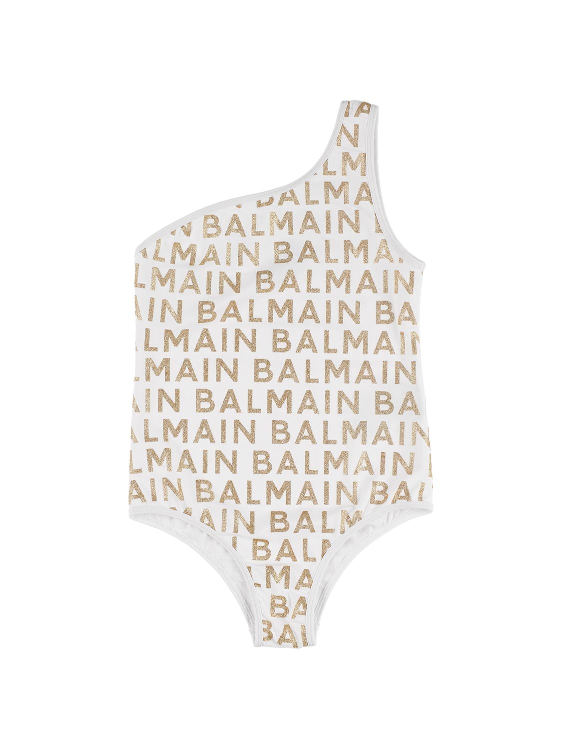 Balmain Kids' One Shoulder Swimsuit In White,gold