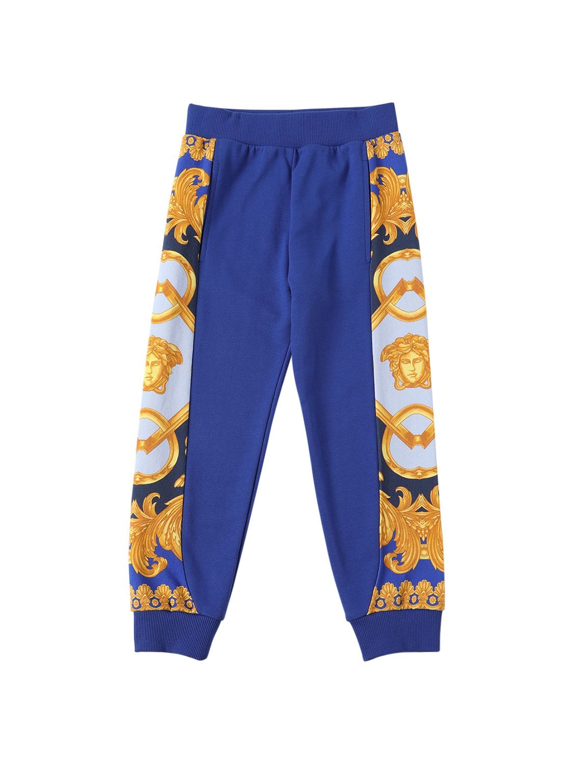 Versace Kids' Cotton Sweatpants W/ Printed Bands In Blue,multi