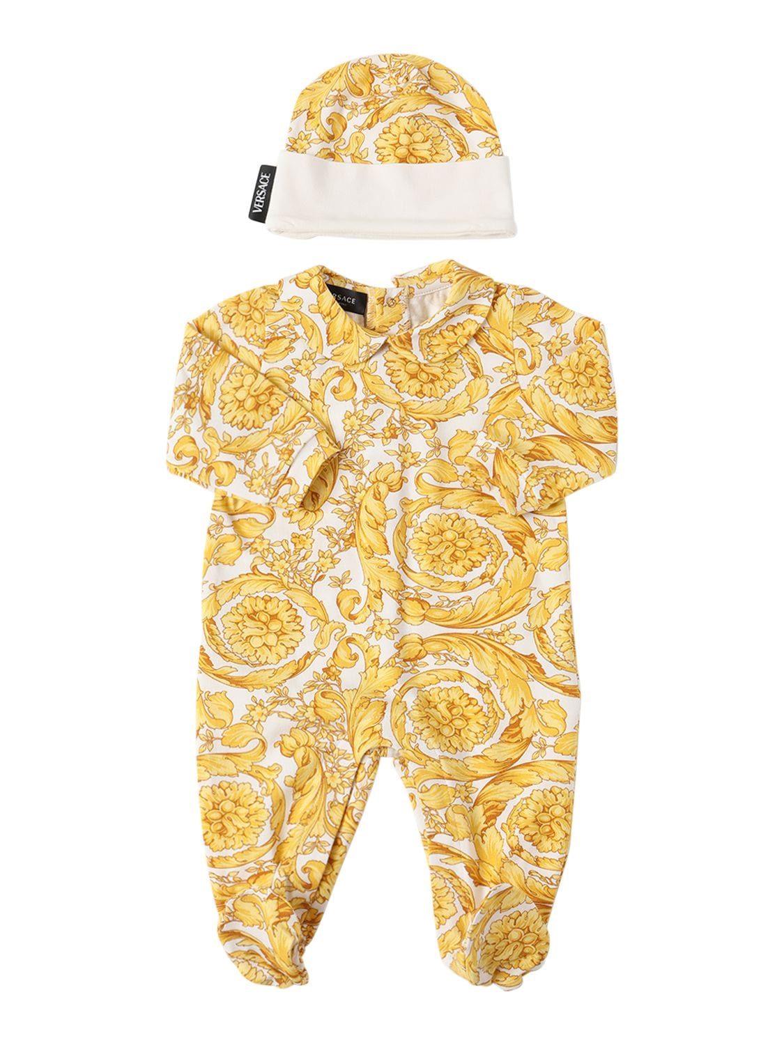 Versace Babies' Baroque Print Cotton Jersey Romper & Hat In White,gold