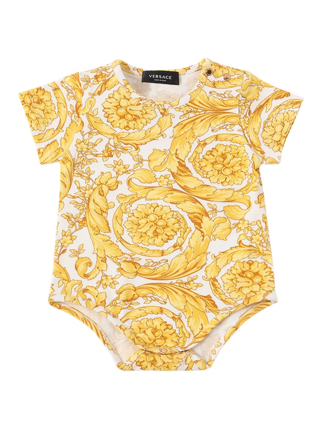 Versace Babies' Baroque Print Cotton Jersey Romper In White,gold