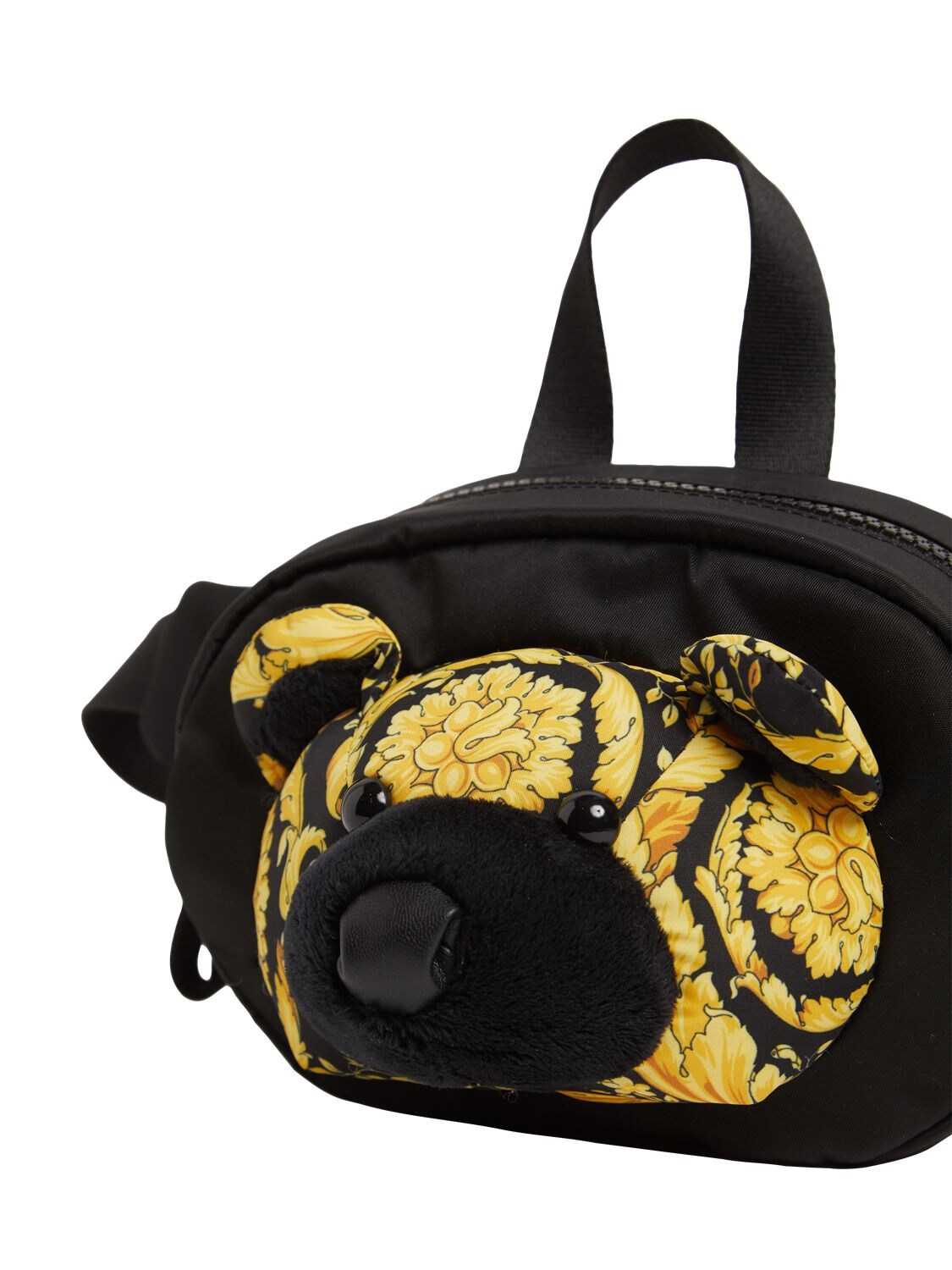 Versace Kids' Bear Baroque Print Nylon Belt Bag In Black,gold