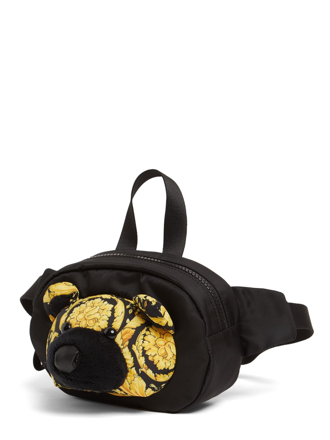 Versace Kids' Bear Baroque Print Nylon Belt Bag In Black,gold