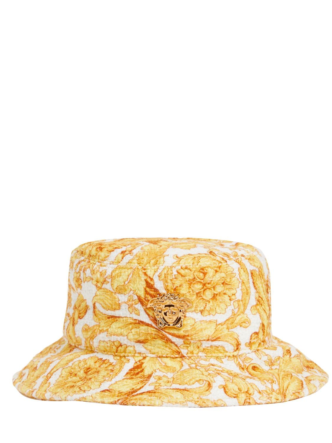 Versace Babies' Baroque Print Cotton Blend Bucket Hat In White,gold