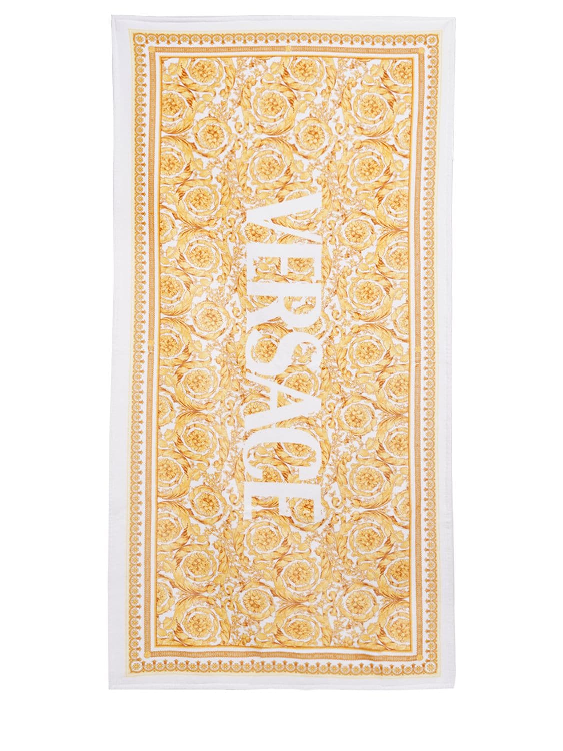 Versace Kids' Baroque印花毛巾布沙滩巾 In White,gold