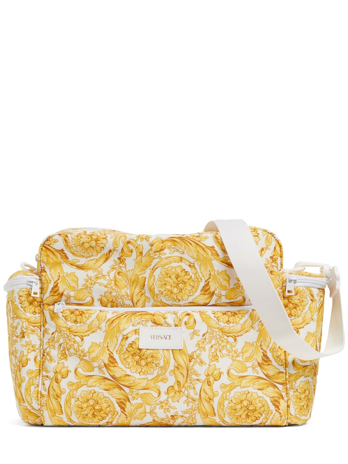 Versace Kids' Baroque Print Nylon Changing Bag & Mat In White,gold