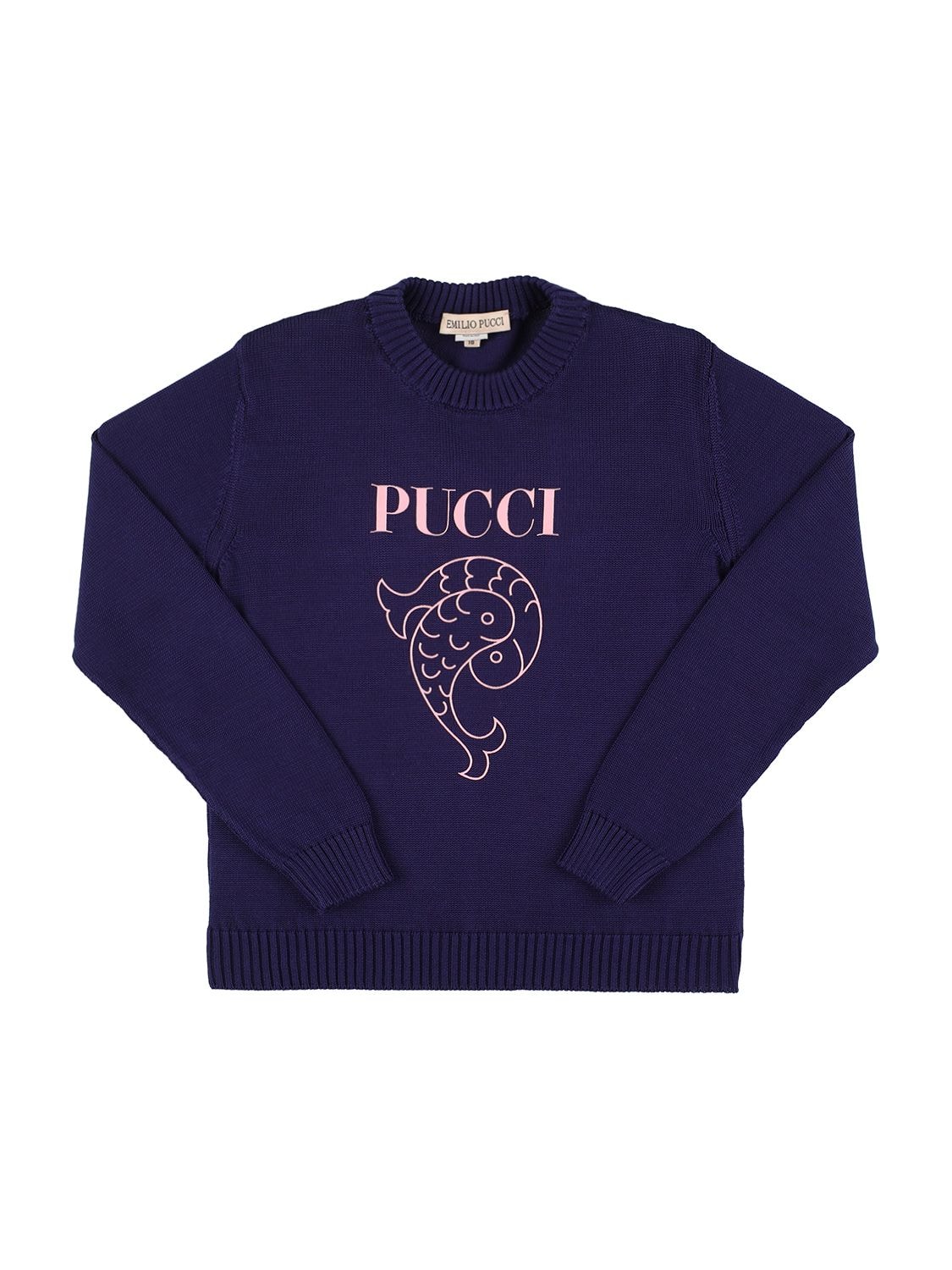 Pucci Kids' Rubberized Logo Cotton Knit Sweater In Navy
