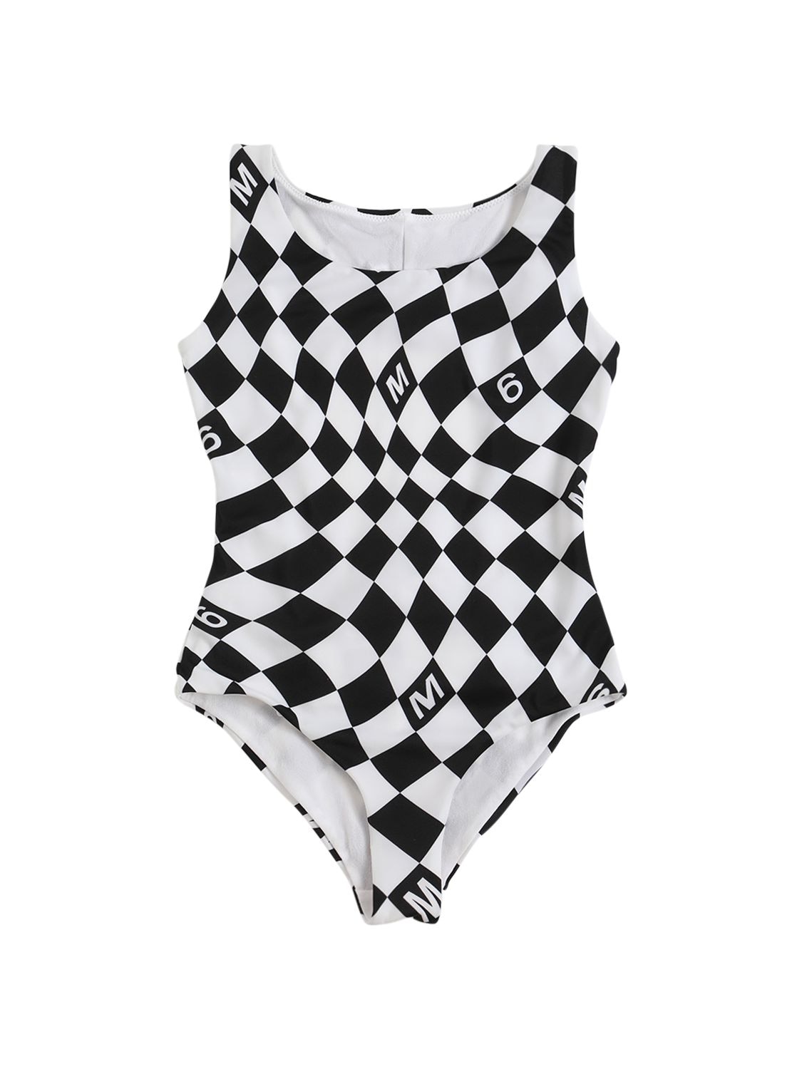Mm6 Maison Margiela Kids' Check Print Lycra Onepiece Swimsuit In Black,white