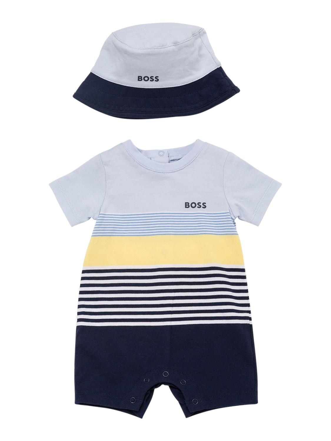 Hugo Babies' Boss Pale Blue Logo-print Cotton Romper And Bucket Hat Set Months |