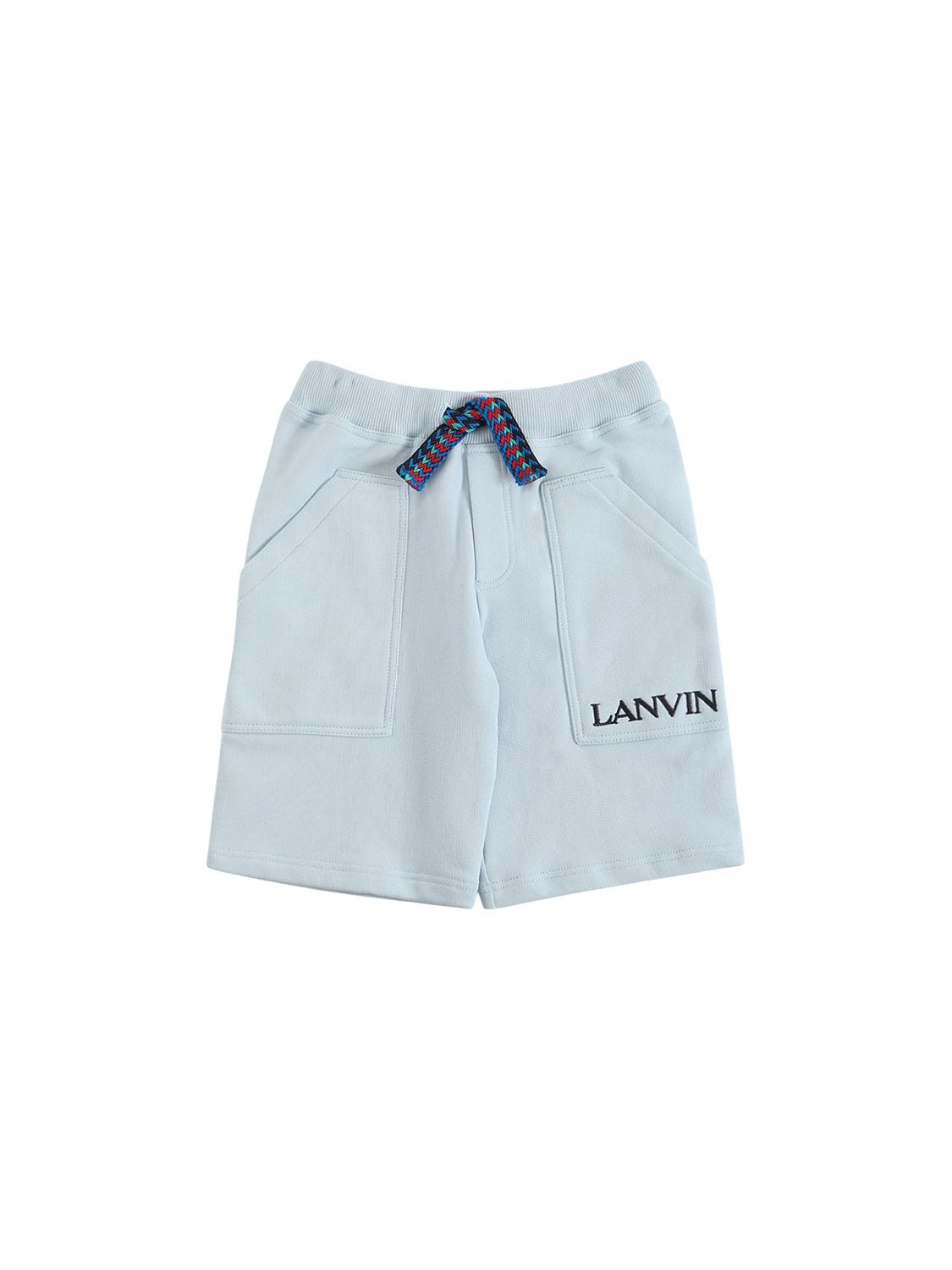 Lanvin Kids' Embroidered Logo Cotton Sweat Shorts In Light Blue
