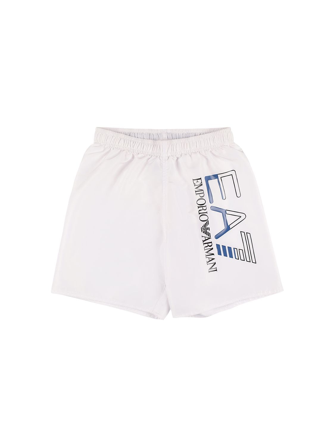 Ea7 Kids' Rubberized Logo Nylon Swim Shorts In White