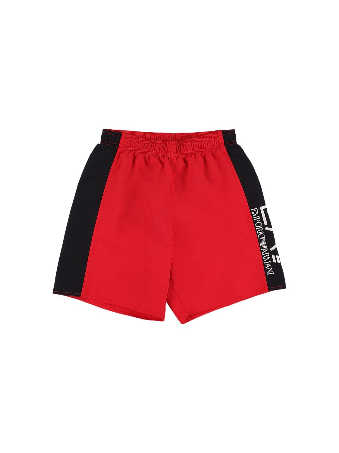 Ea7 Kids' Logo Print Nylon Swim Shorts In Red