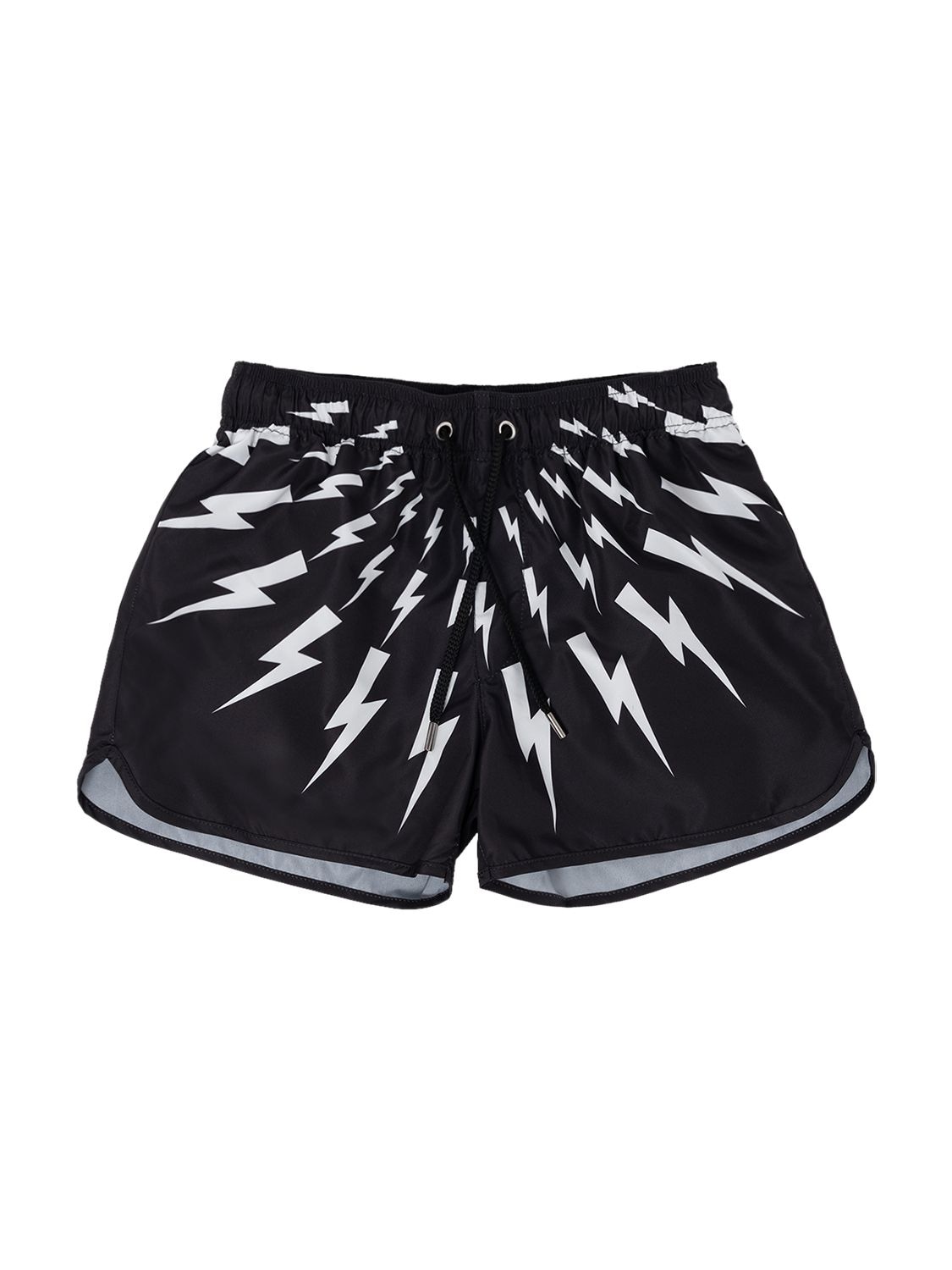 Neil Barrett Kids' Thunder Print Nylon Swim Shorts In Black,white