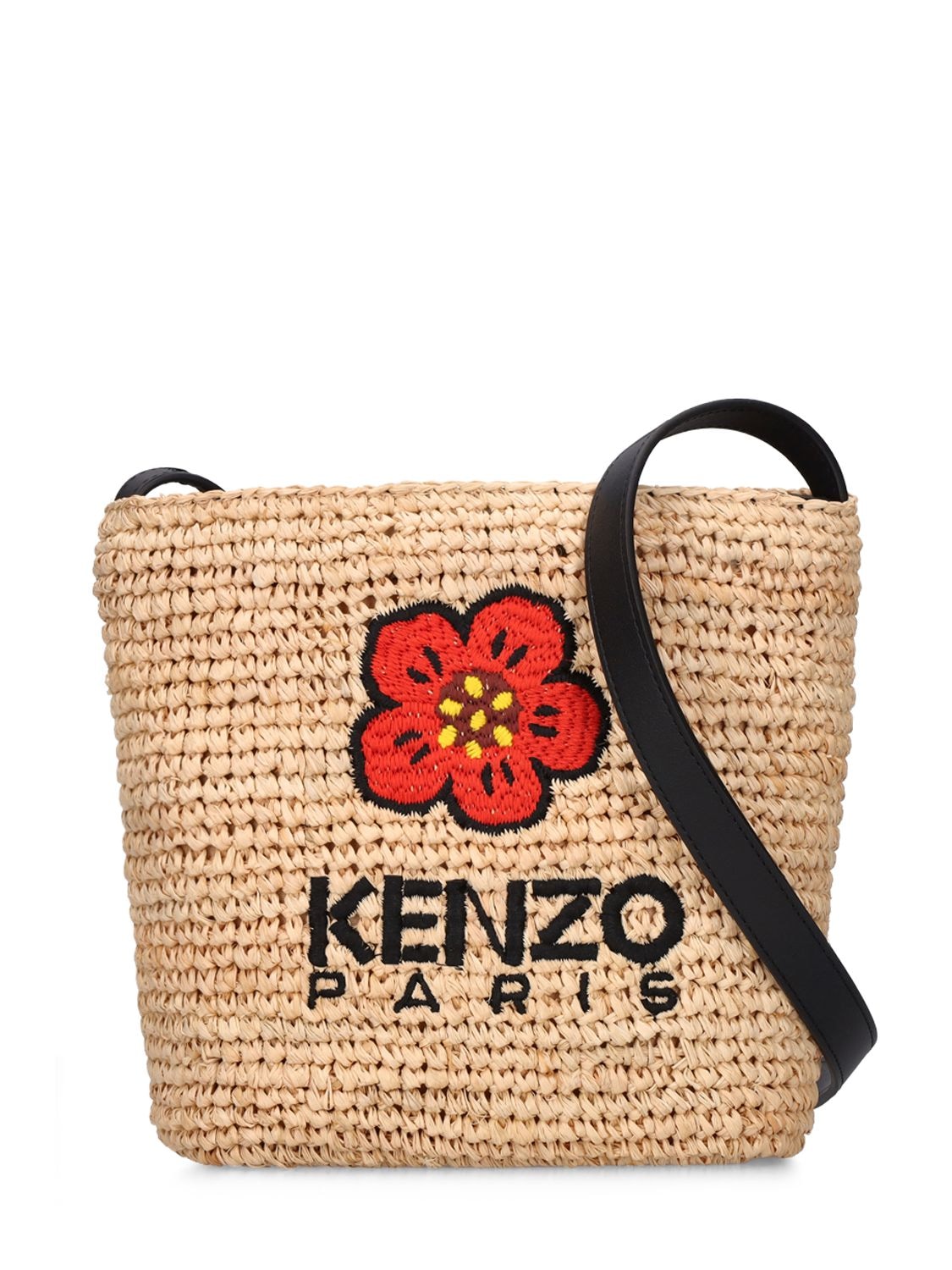 Kenzo Mini Raffia & Leather Bucket Bag In Black | ModeSens