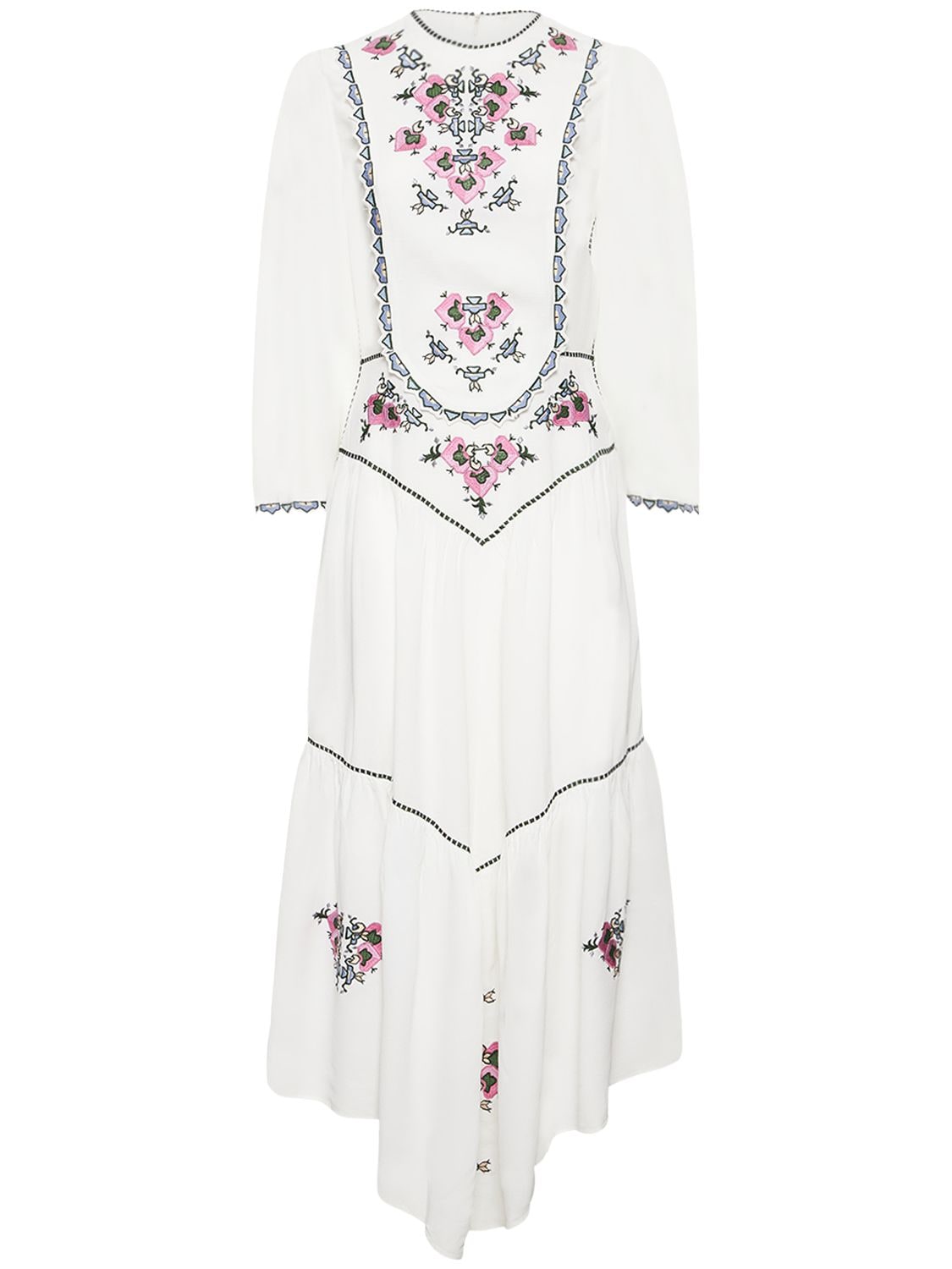 Isabel Marant Sonia Asymmetric Pleated Embroidered Crepe De Chine Midi Dress In White