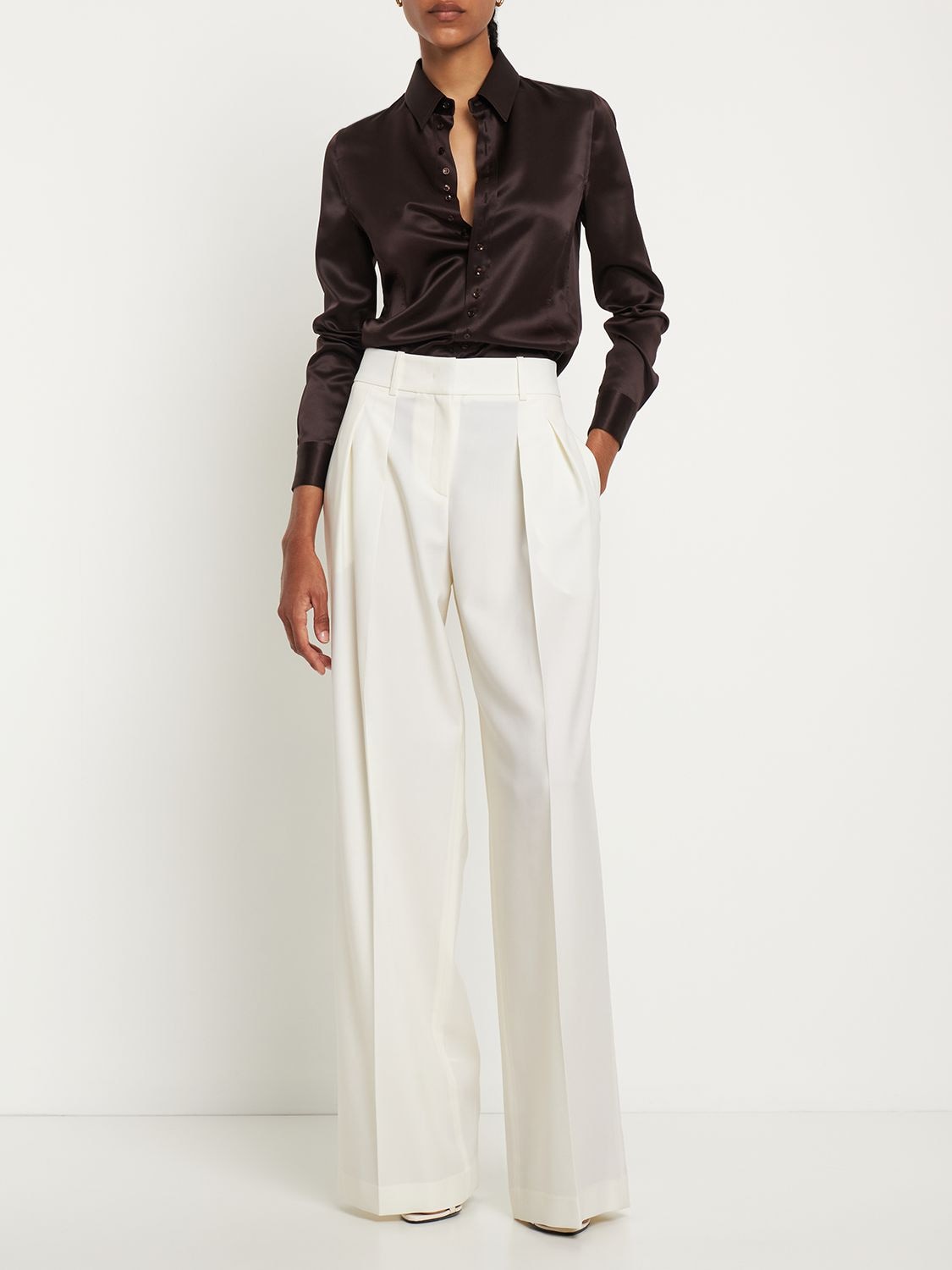 Shop Michael Kors Wool Twill High Waist Wide Pants In White