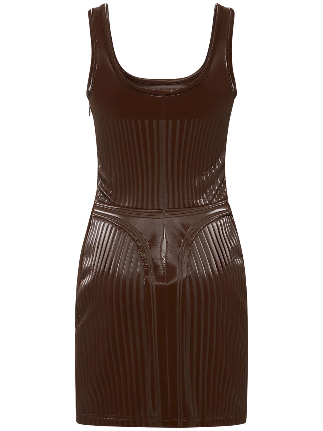 Shop Mugler Glossy Embossed Jersey Mini Dress In Brown