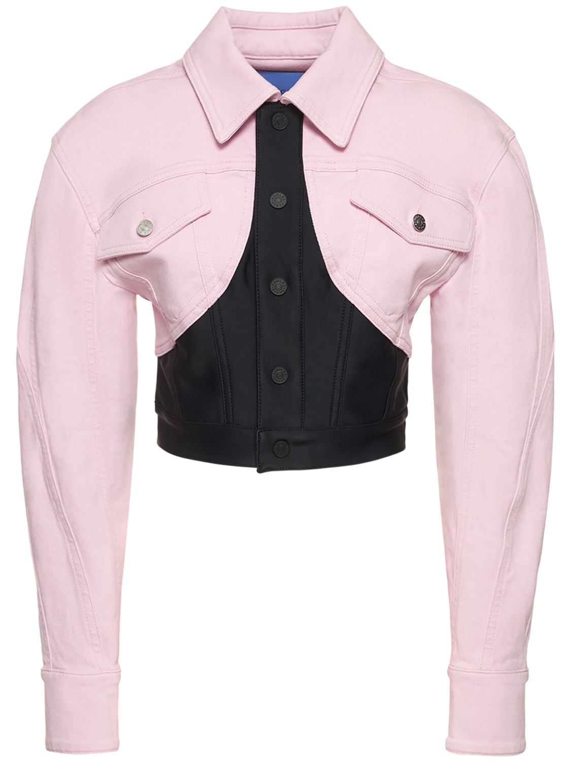 Mugler Two-tone Denim Cropped Jacket In Pink,black