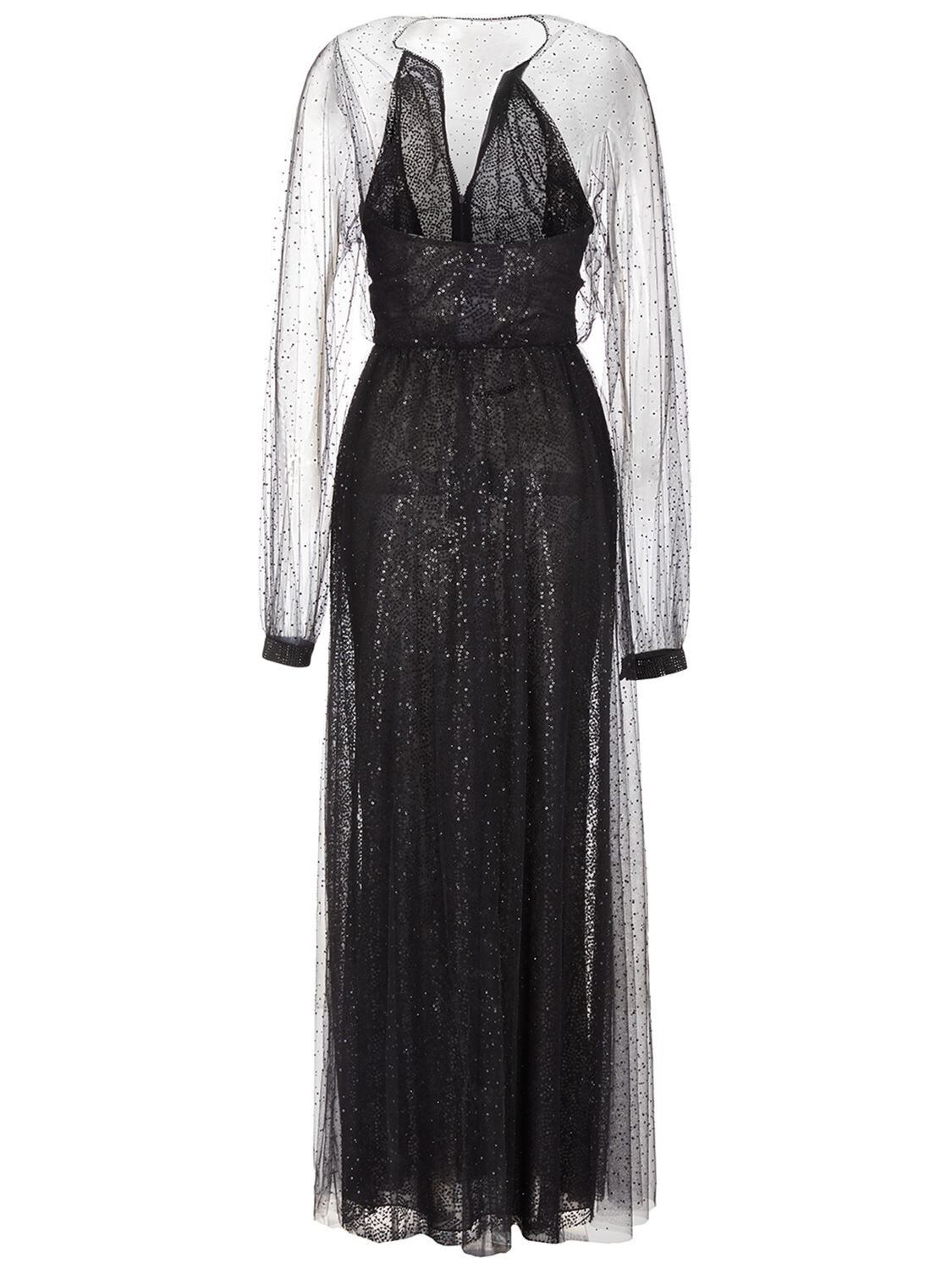 Shop Giorgio Armani Sequined Tulle Long Gown In Black