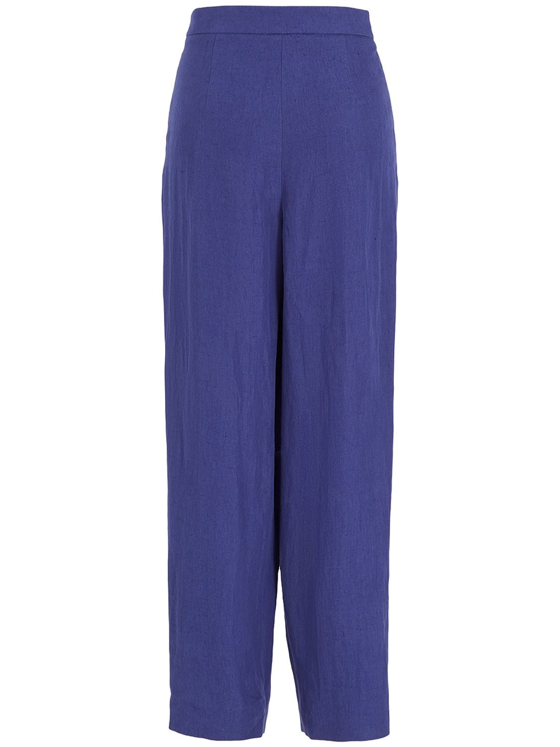 Shop Giorgio Armani Pleated Linen Wide Pants In Blue