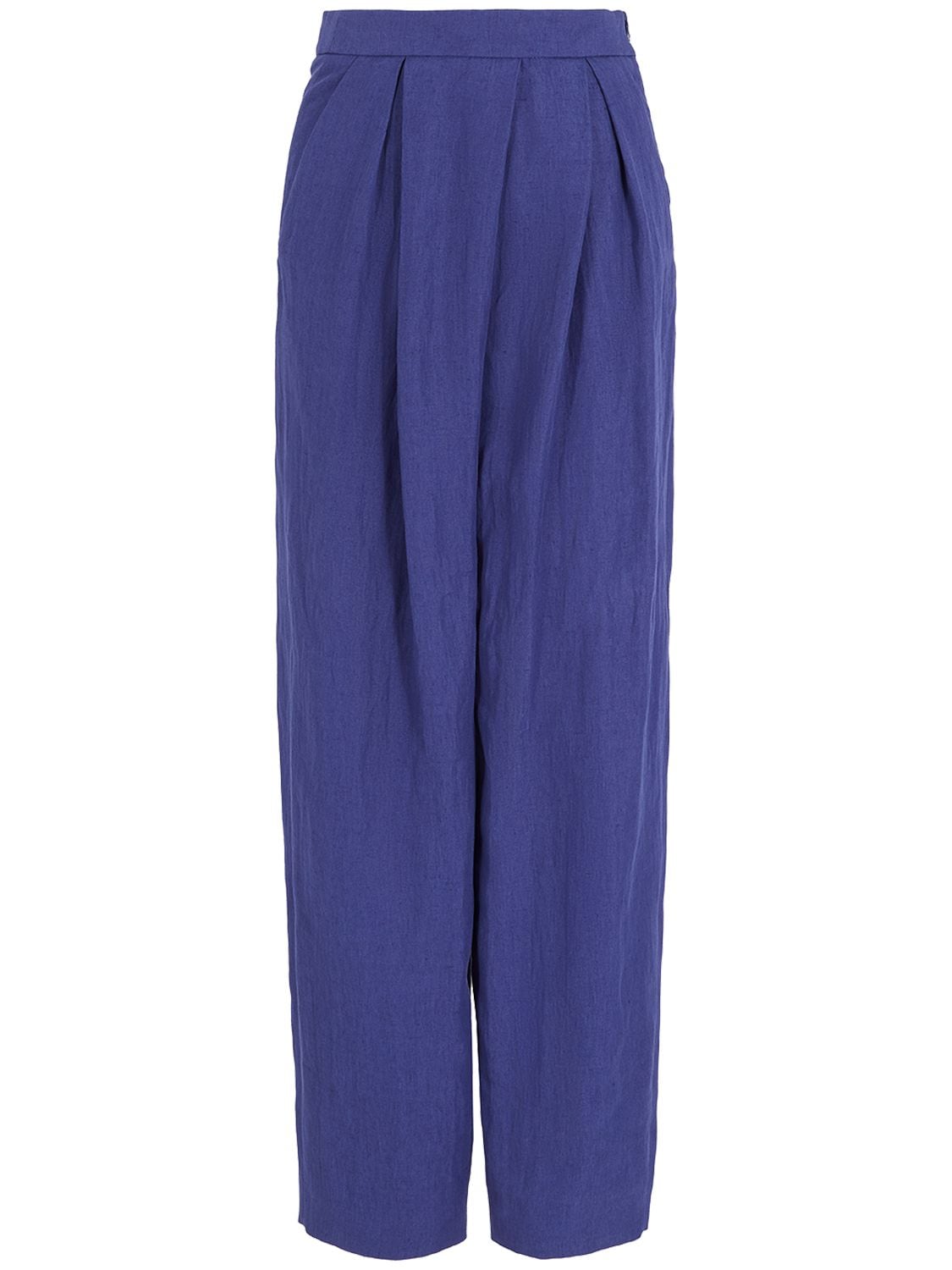 Giorgio Armani Pleated Linen Wide Pants In Solid Medium Blue