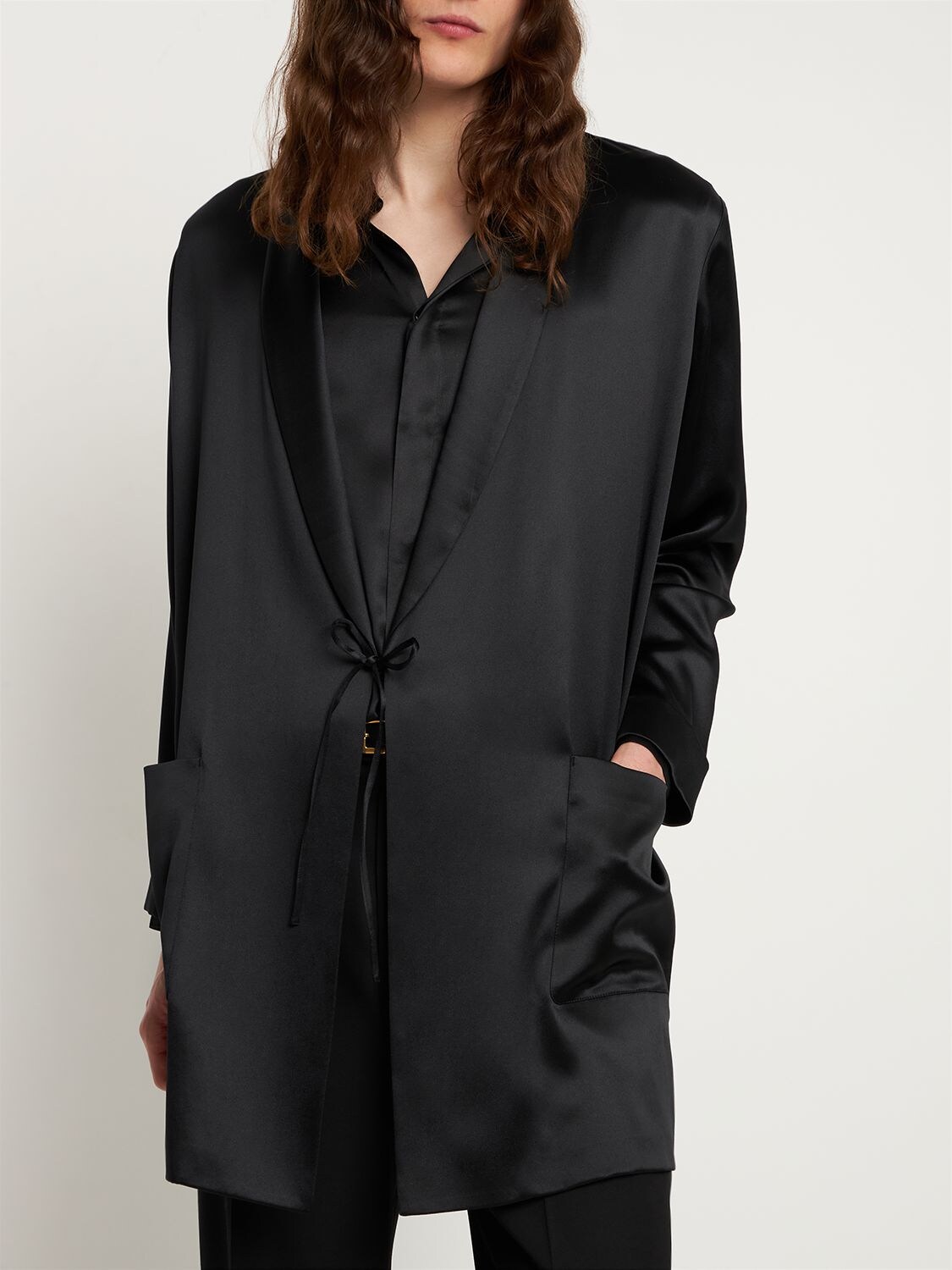 Shop Saint Laurent Silk Satin Robe Coat In Black