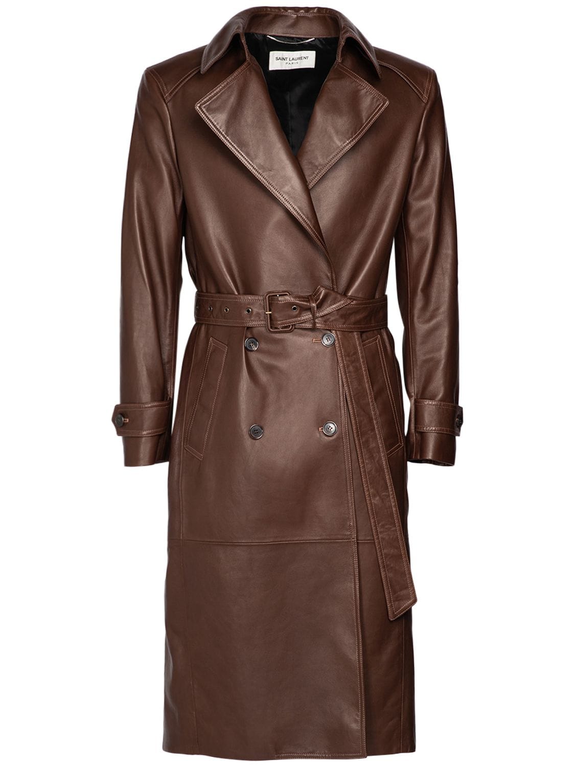 Saint Laurent Double-breasted Belted Leather Trench Coat In Brown